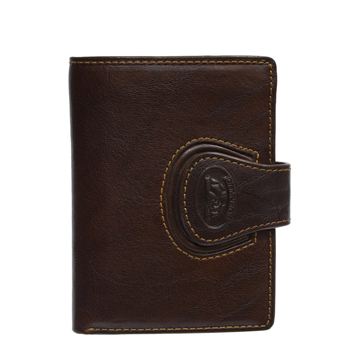 Tony Perotti Accademia 2252 moro — the dark brown leather card wallet closed, with the embossed emblem on the strap