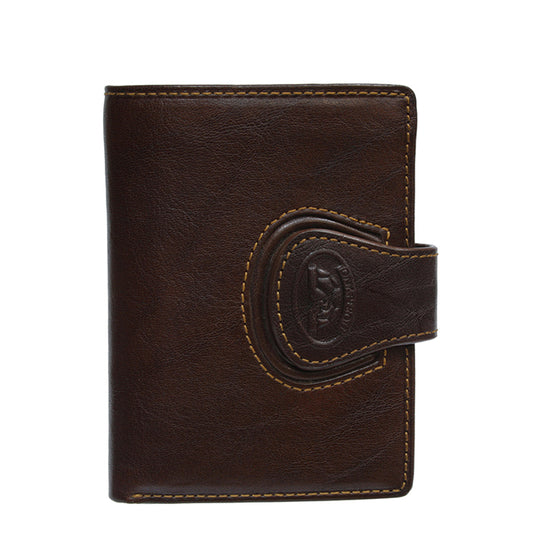 Tony Perotti Accademia 2252 moro — the dark brown leather card wallet closed, with the embossed emblem on the strap