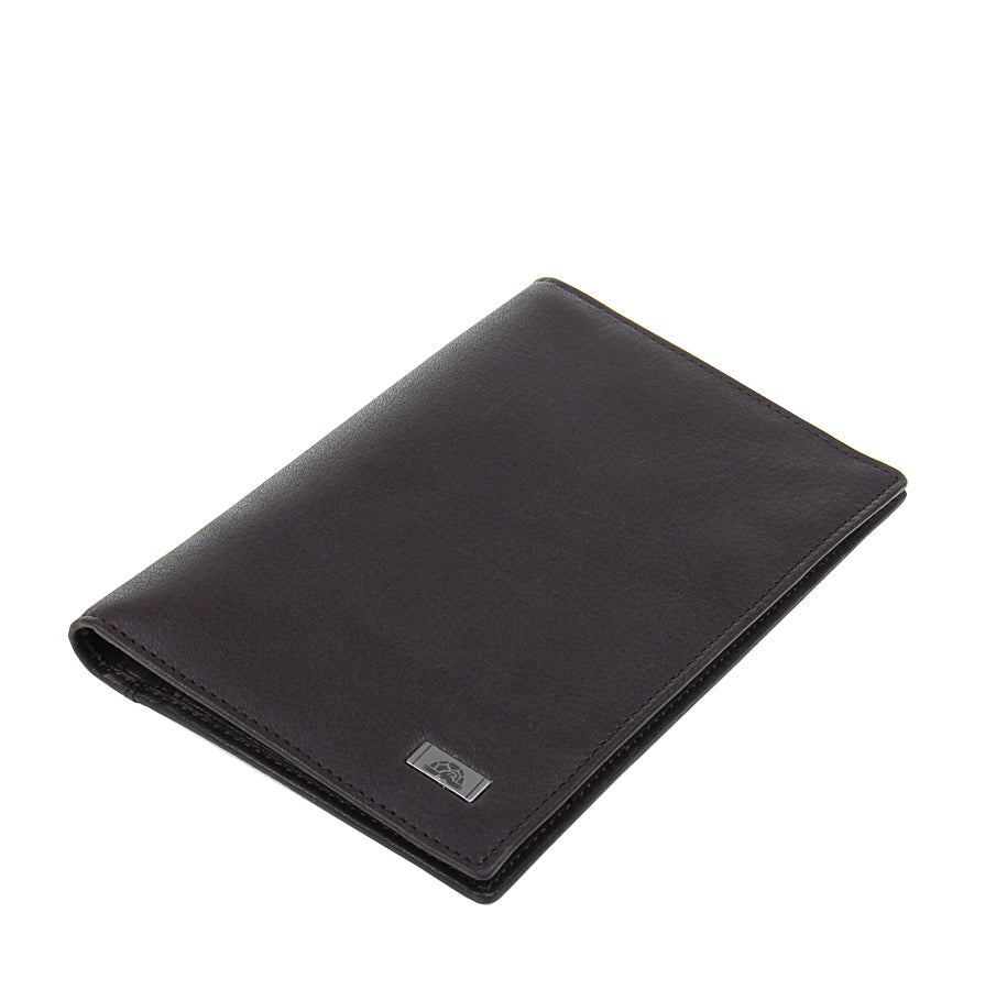 Tony Perotti Contatto 3051 moro dark brown leather vertical travel wallet, closed, angled view