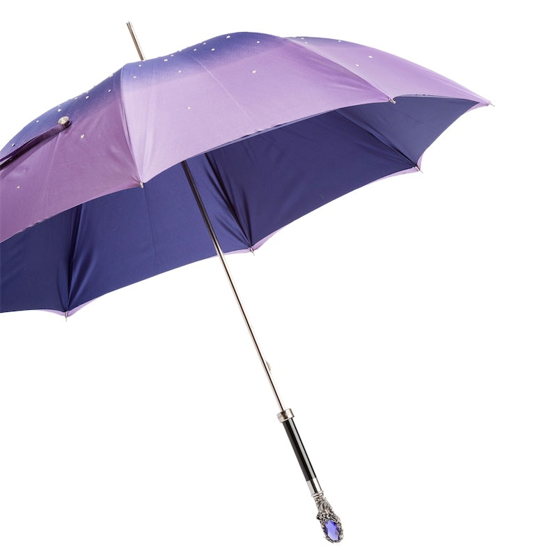Open purple umbrella from the side with silver-tone shaft