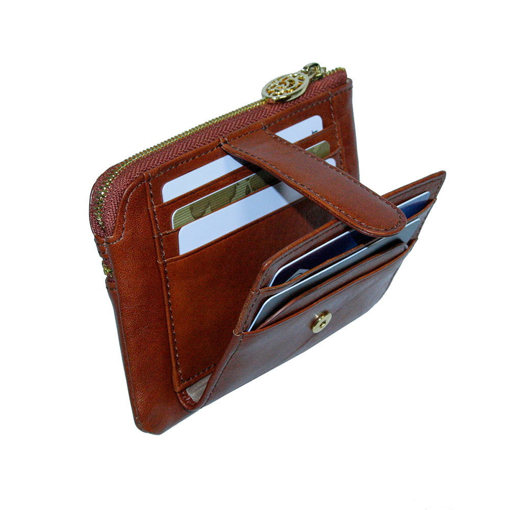 Tony Perotti Topkapi 3461 ambra — open, with the fold-out flap raised and cards standing in its slots
