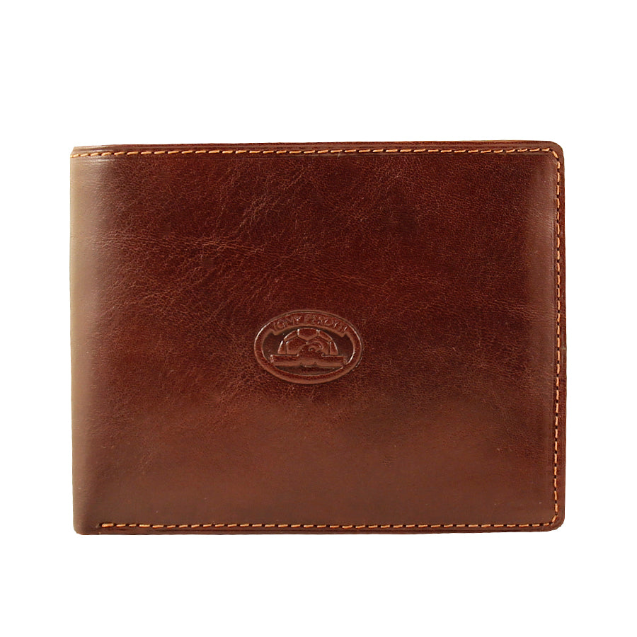Brown Tony Perotti Italico 534 wallet from the set, closed and seen straight on — the embossed turtle badge and contrasting tan stitching