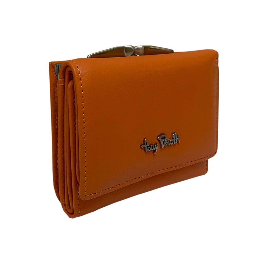 Tony Perotti Contatto 1527D arancio orange leather wallet — angled front view