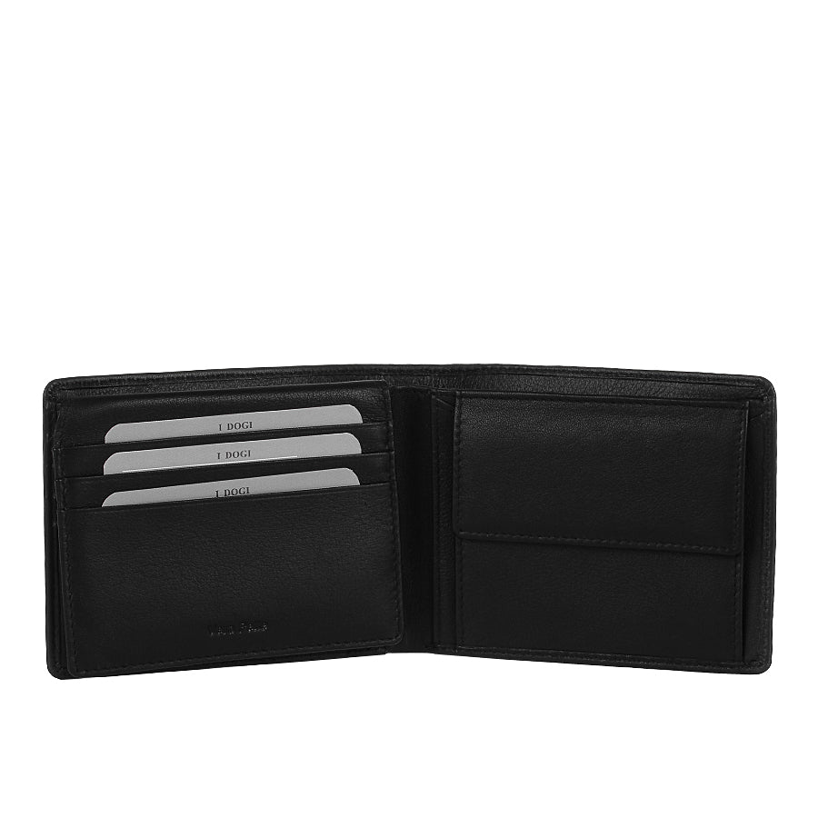 Tony Perotti Cortina 5057 nero opened — card slots and a slip pocket on the left, the snap coin pocket on the right