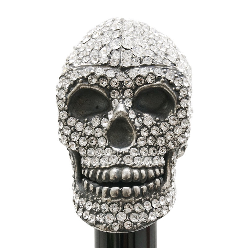 Skull handle densely set with clear Swarovski crystals, front close-up