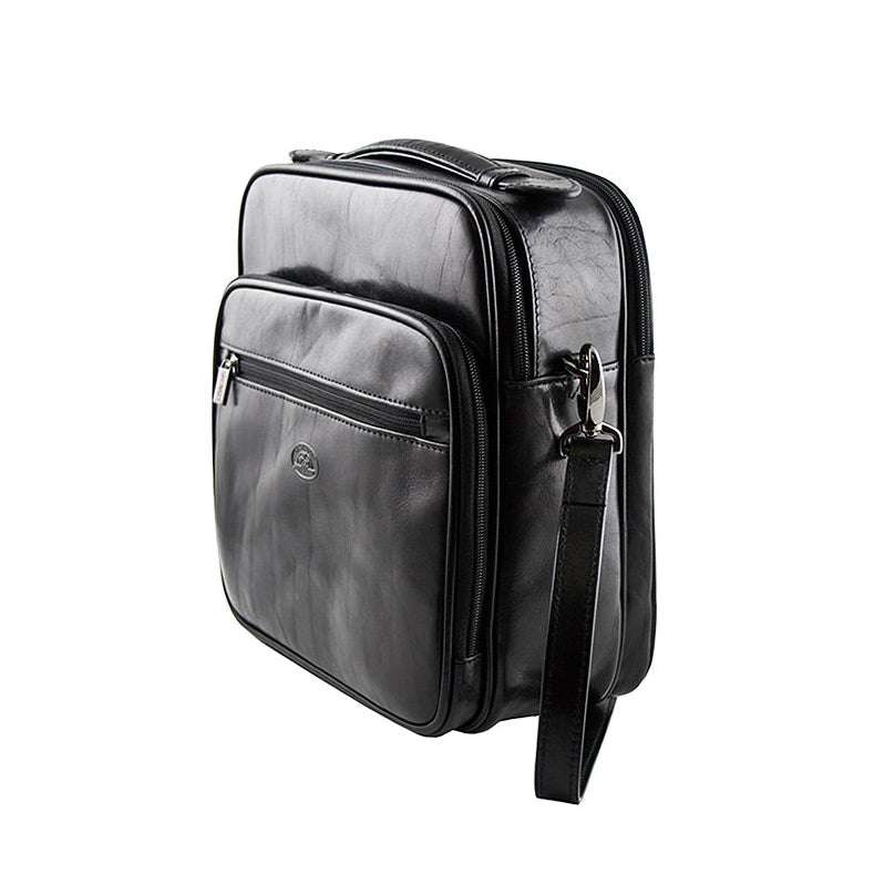 Angled view of the black Tony Perotti Italico 7058 bag — deep 12 cm gusset and zips of the two main compartments