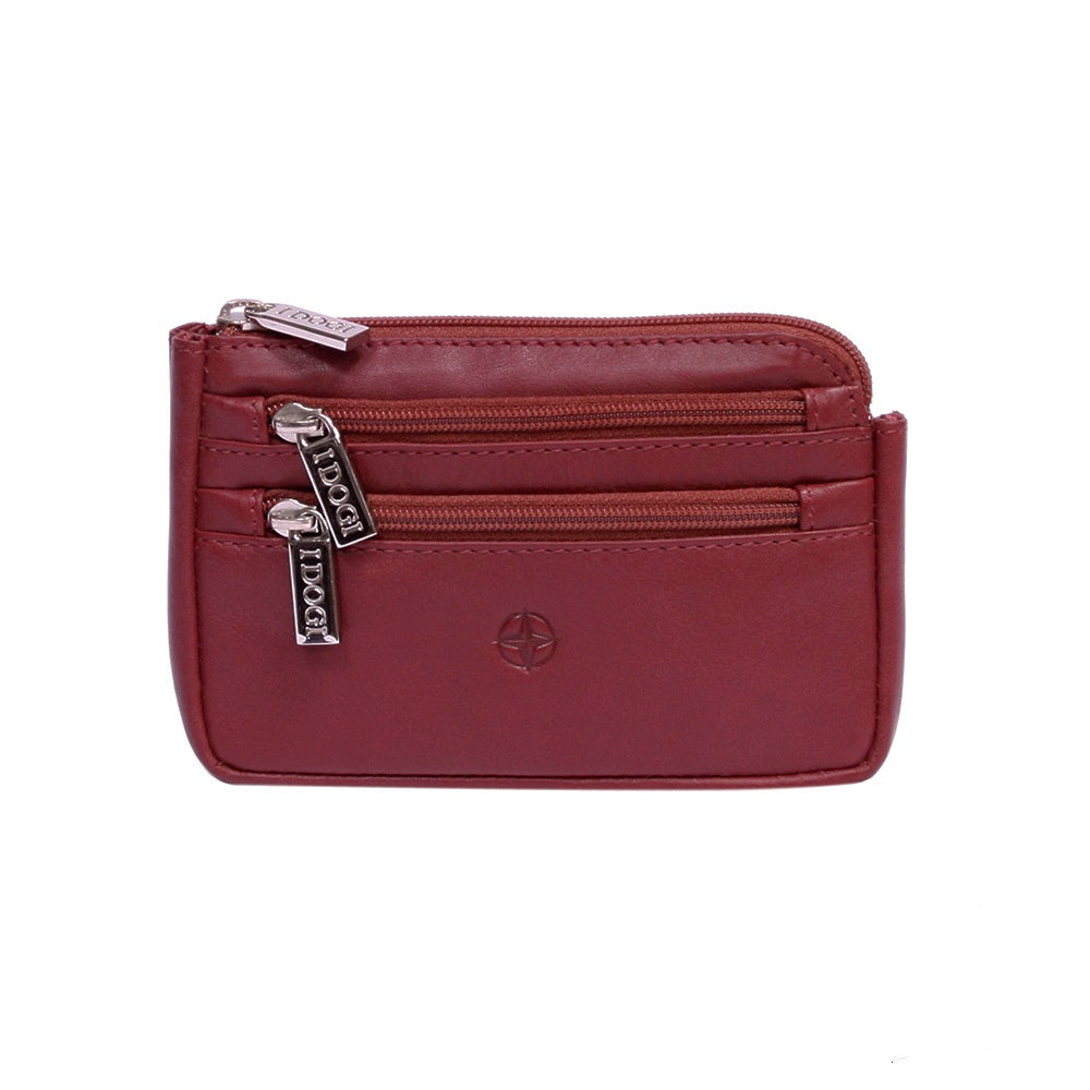 Tony Perotti red calf leather key pouch with two front zip pockets and compass emblem — Cortina 5016 rosso