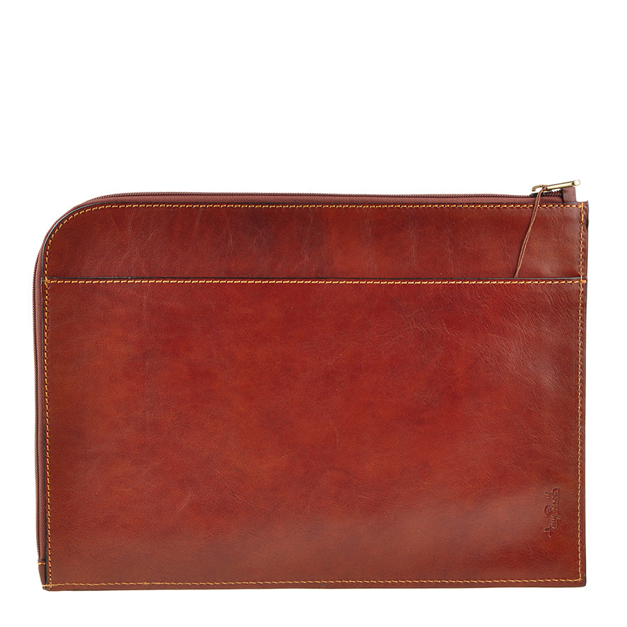 Back of the cognac Italico 8017L folio — full-width open pocket and embossed Tony Perotti signature
