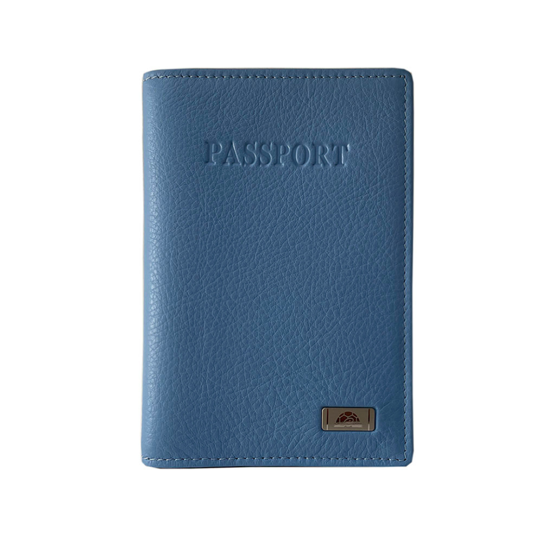 Light Blue leather passport cover Tony Perotti Contatto 2241 baby — front with embossed PASSPORT lettering and the metal turtle emblem plate