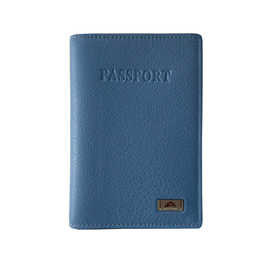 Light Blue leather passport cover Tony Perotti Contatto 2241 baby — front with embossed PASSPORT lettering and the metal turtle emblem plate