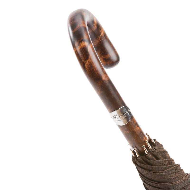 Hickory crook handle with flame-like mottled finish and silver-tone Pasotti plaque, handcrafted in Italy