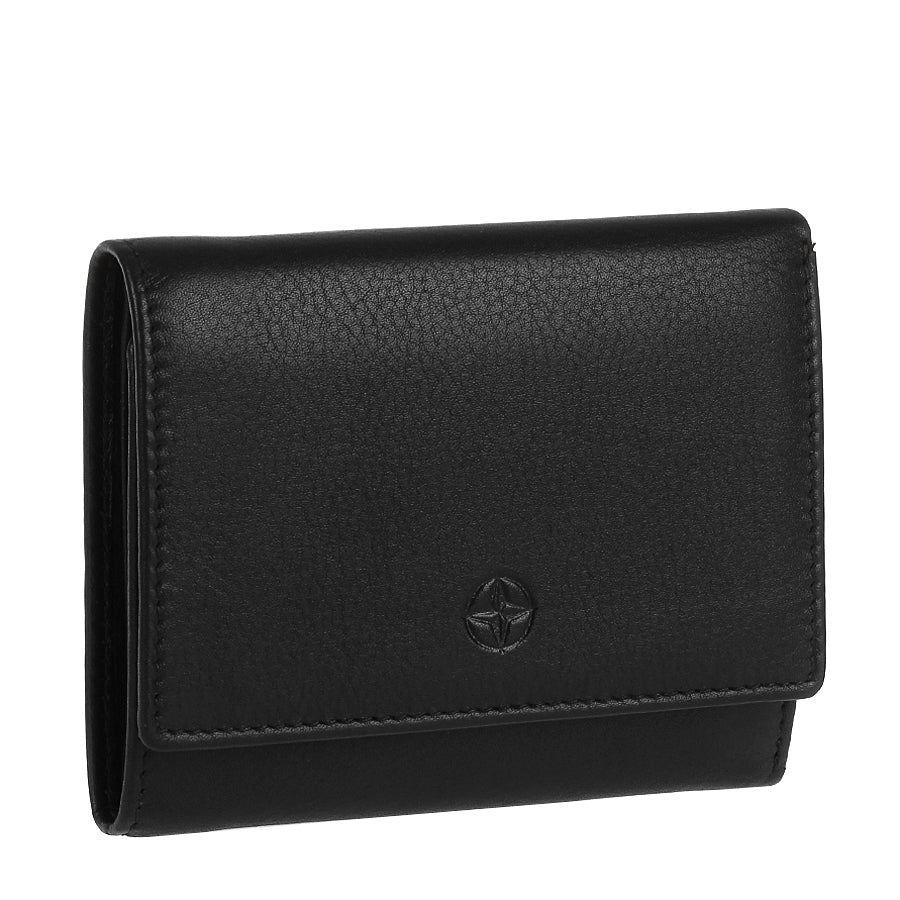 Black Tony Perotti Cortina 5063 trifold wallet standing at a three-quarter angle, flap closed