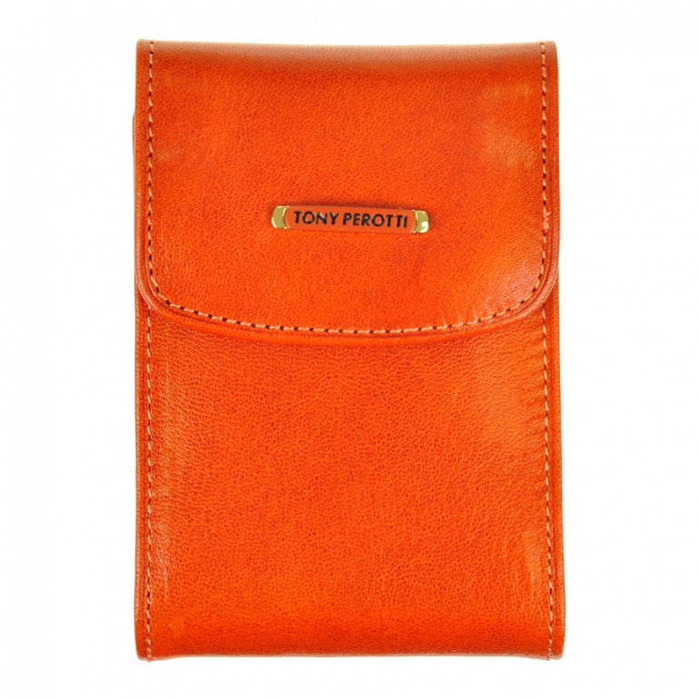 Tony Perotti Topkapi 1703 mandarino — the orange leather business card holder closed, with the gold-tone nameplate on the flap