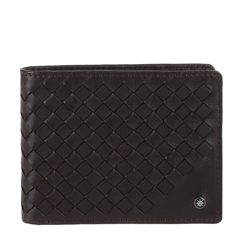 Tony Perotti Timone intrecciato 12013 moro dark brown woven leather bifold wallet, front with ship's wheel plate