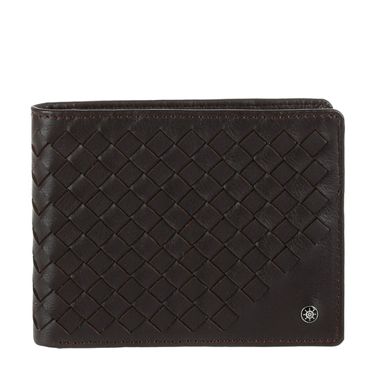 Tony Perotti Timone intrecciato 12013 moro dark brown woven leather bifold wallet, front with ship's wheel plate