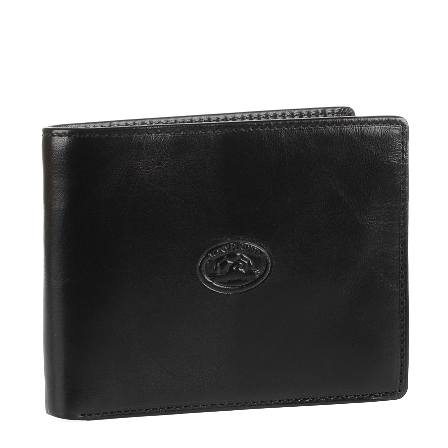 Black leather bifold wallet Tony Perotti Italico 3620 nero — three-quarter view with embossed turtle emblem