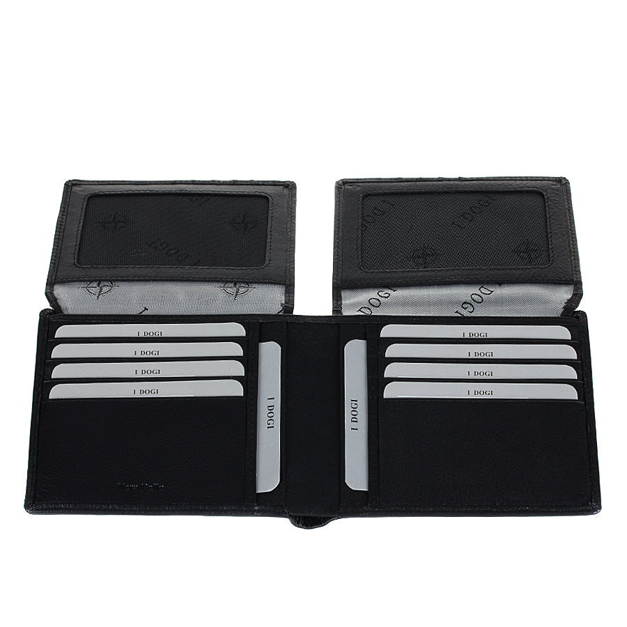 Tony Perotti Cortina 5068 nero with both flip-up panels raised, showing the two document windows behind them