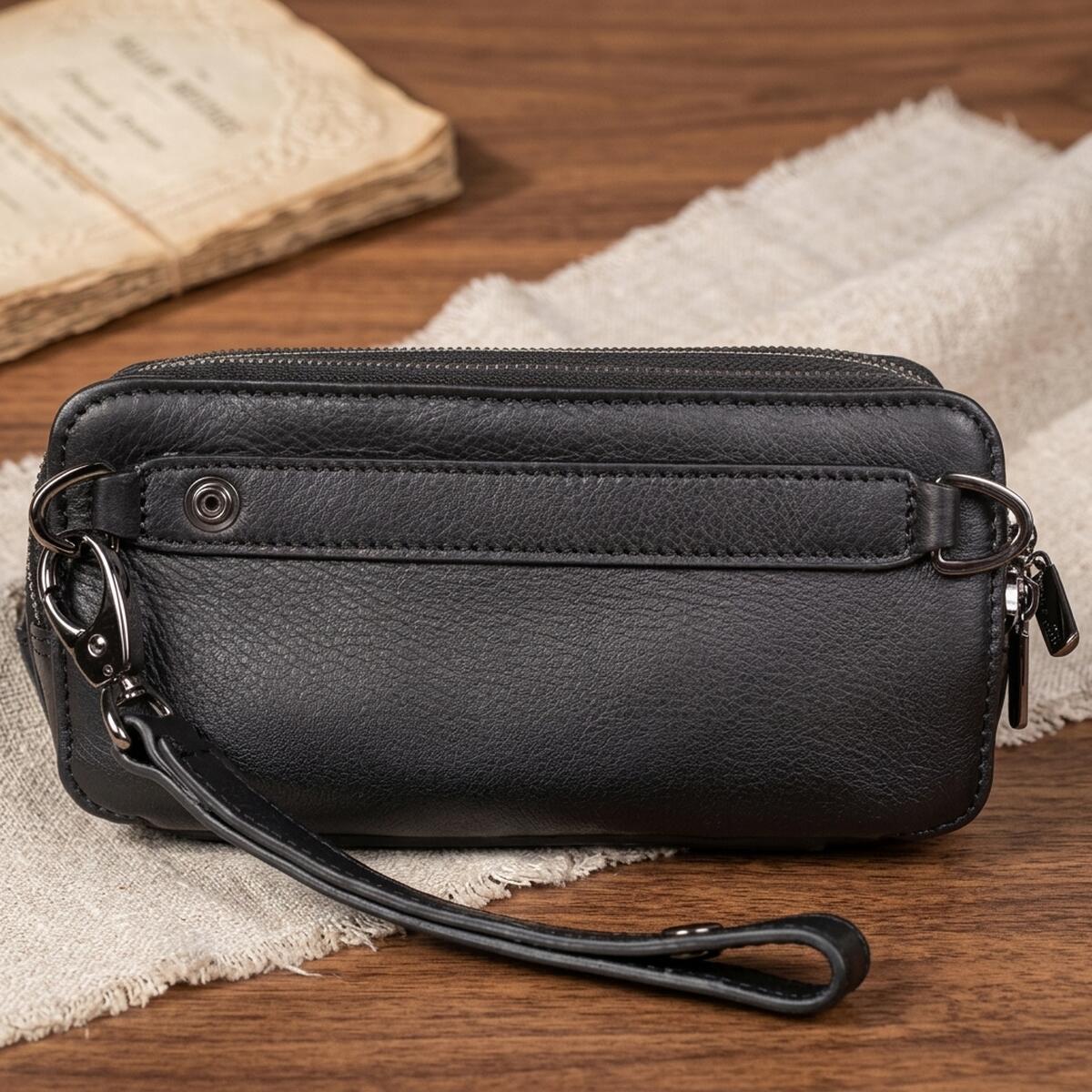 Back of the black Tony Perotti clutch — leather strap on a snap with black-nickel D-rings and the detachable wrist strap