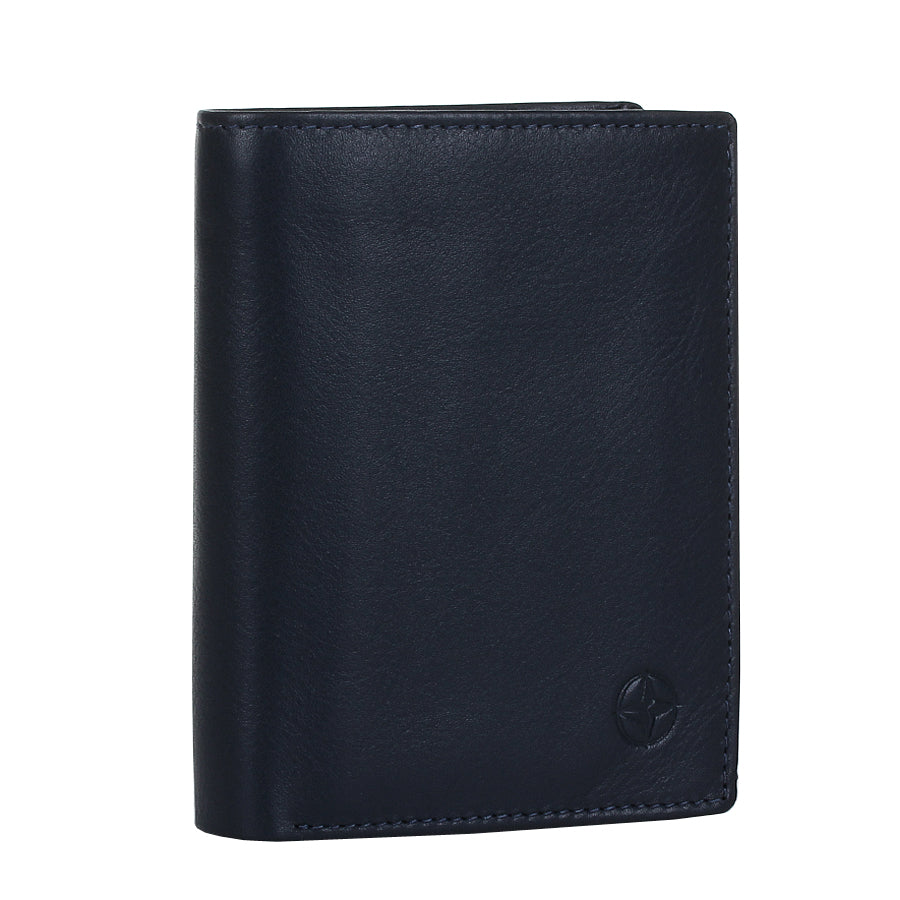 Navy Tony Perotti Cortina 5054 vertical bifold wallet standing at a three-quarter angle, closed