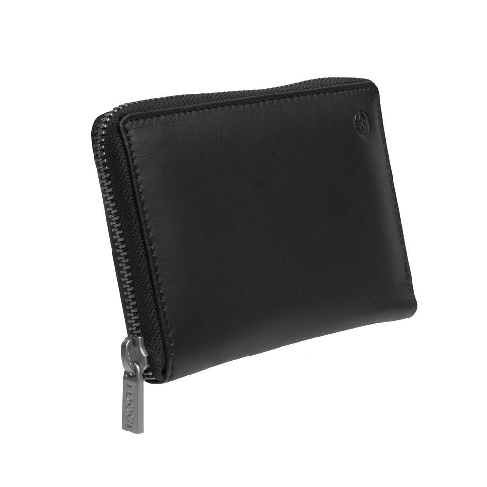 Black Tony Perotti Cortina 5086 wallet closed at an angle — the zip running around the edge and the branded pull