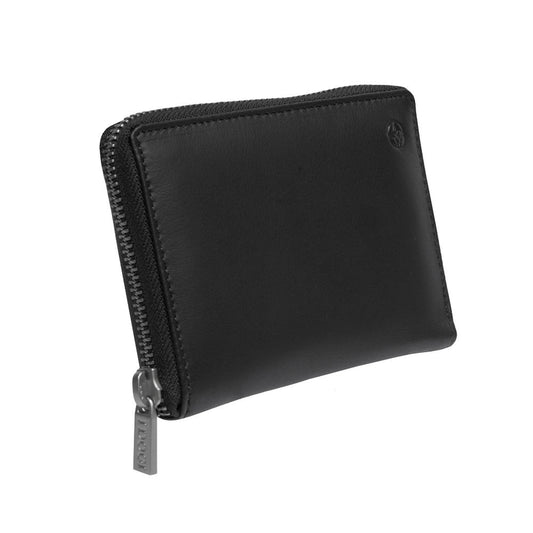 Black Tony Perotti Cortina 5086 wallet closed at an angle — the zip running around the edge and the branded pull