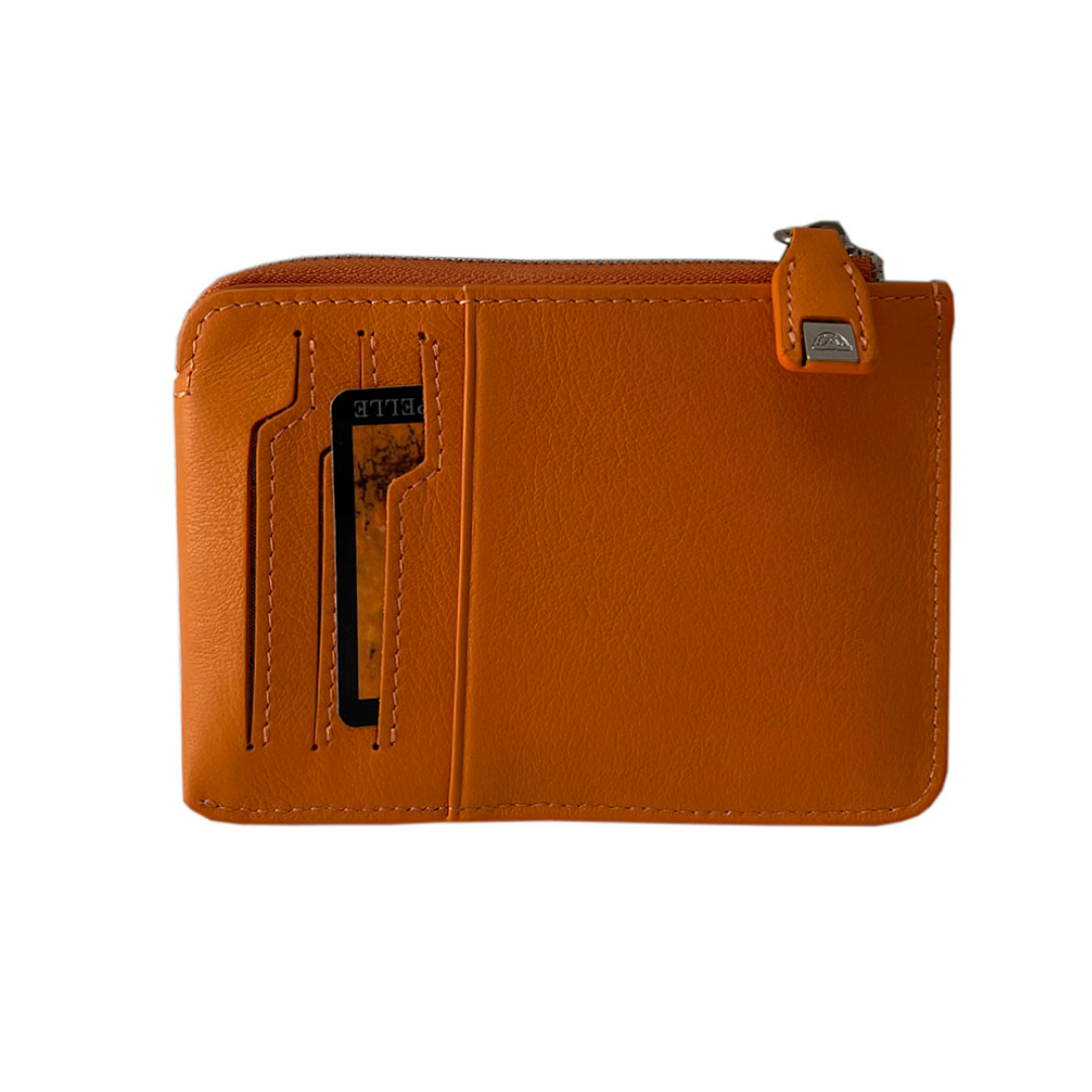 Tony Perotti orange leather card holder — back view with zip pocket and card slots