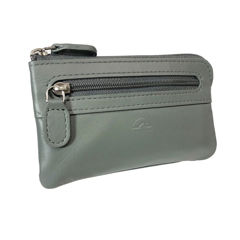 Tony Perotti New Rainbow 359 grigio — grey leather key pouch at an angle, the front zip pocket and the embossed Tony Perotti turtle