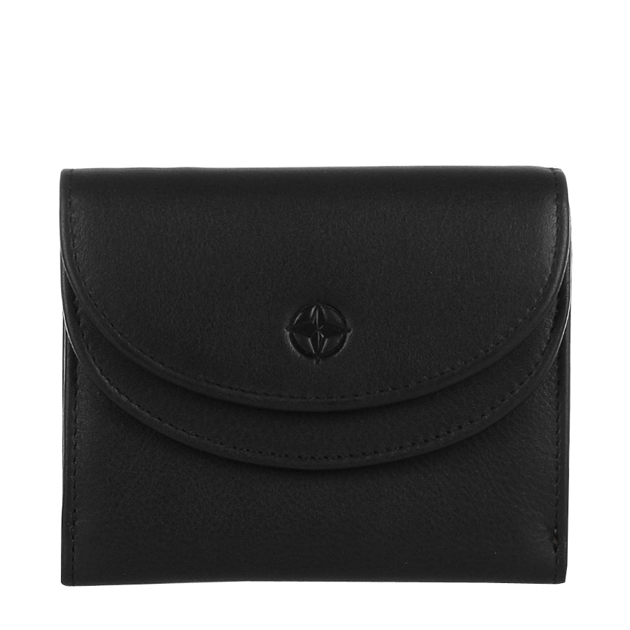 Black Tony Perotti Cortina 5055 small flap wallet seen straight on, closed — the rounded flap with the embossed compass rose