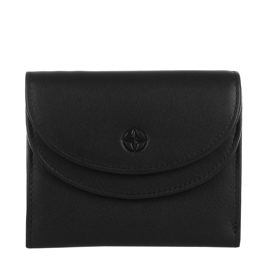 Black Tony Perotti Cortina 5055 small flap wallet seen straight on, closed — the rounded flap with the embossed compass rose