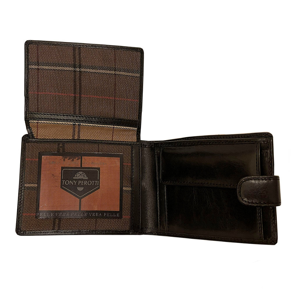 Black leather bifold wallet fold-out flap with card slots and ID windows — Tony Perotti Italico 396A-Q