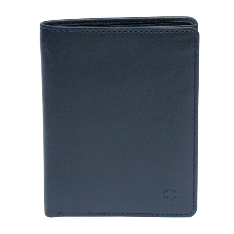 Navy Tony Perotti Cortina 5050 vertical bifold wallet seen straight on, closed, with the embossed compass rose in the lower corner