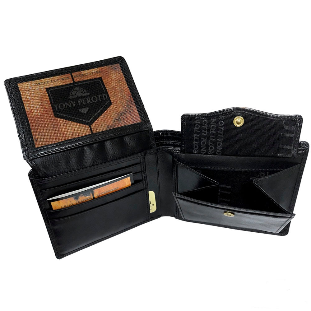 Tony Perotti Italico 533 nero black leather bifold wallet open — fold-out mesh ID window with a branded insert card, card slots and the snap coin pocket opened out on the right