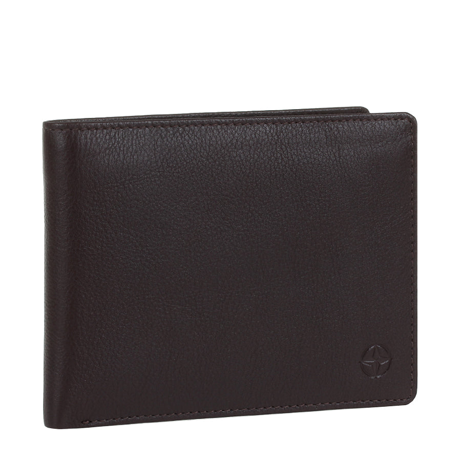 Dark brown Tony Perotti Cortina 5017 bifold wallet standing at a three-quarter angle, closed