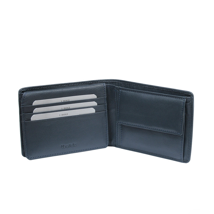 Tony Perotti Cortina 5057 navy opened — card slots and a slip pocket on the left, the snap coin pocket on the right