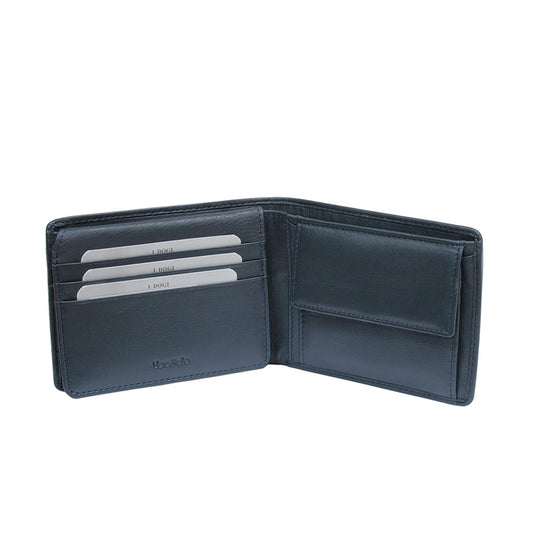 Tony Perotti Cortina 5057 navy opened — card slots and a slip pocket on the left, the snap coin pocket on the right