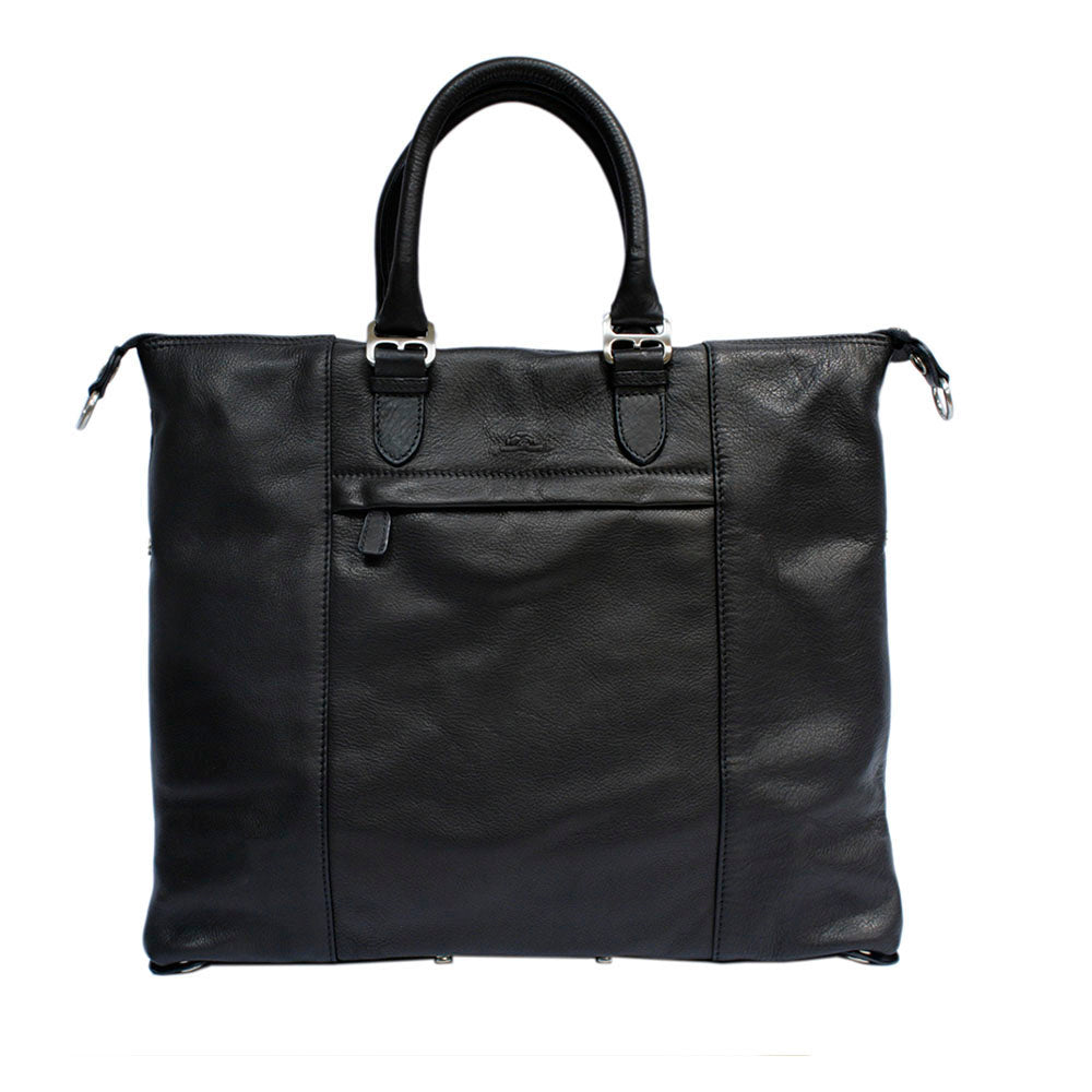 Tony Perotti Contatto 9217-31 nero black leather handbag — back panel with the embossed Tony Perotti emblem and the base snaps left open