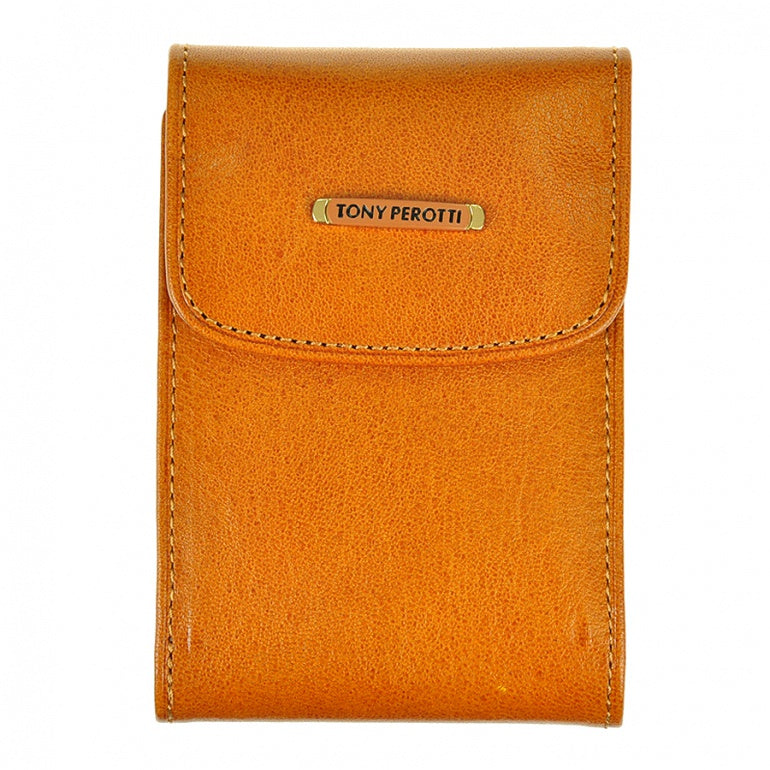 Tony Perotti Topkapi 1703 giallo — the golden-yellow leather business card holder closed, with the gold-tone nameplate on the flap
