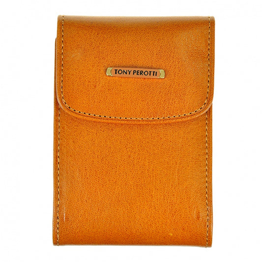 Tony Perotti Topkapi 1703 giallo — the golden-yellow leather business card holder closed, with the gold-tone nameplate on the flap