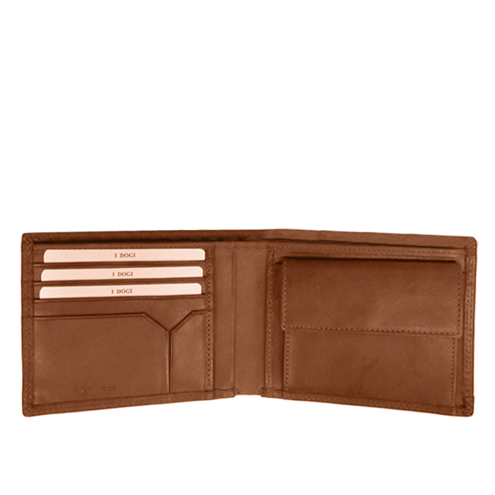 Tony Perotti Cortina 5013 tan opened — card slots and a slip pocket on the left, the snap coin pocket on the right