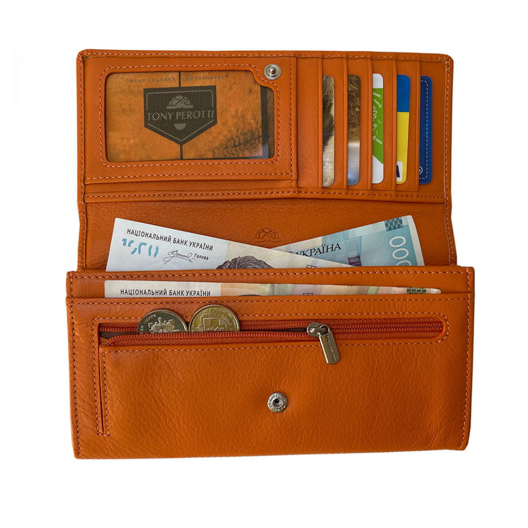 Open Tony Perotti Contatto 2638Z arancio wallet with 14 card slots, ID window and zip coin pocket