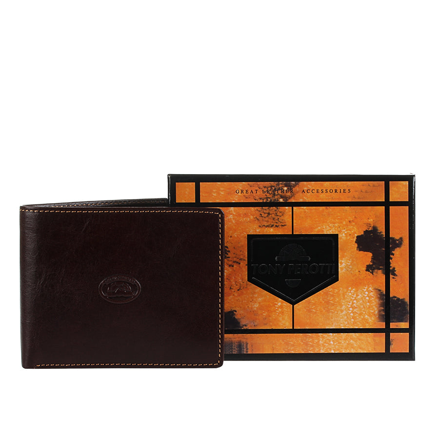 Dark brown leather bifold wallet Tony Perotti Italico 3620 moro with Tony Perotti gift box