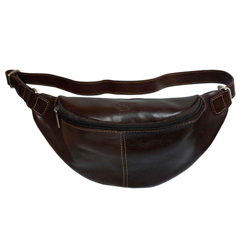 Tony Perotti Italico 6175 men's dark brown leather belt bag — front view with curved zip, embossed turtle emblem and contrasting stitching
