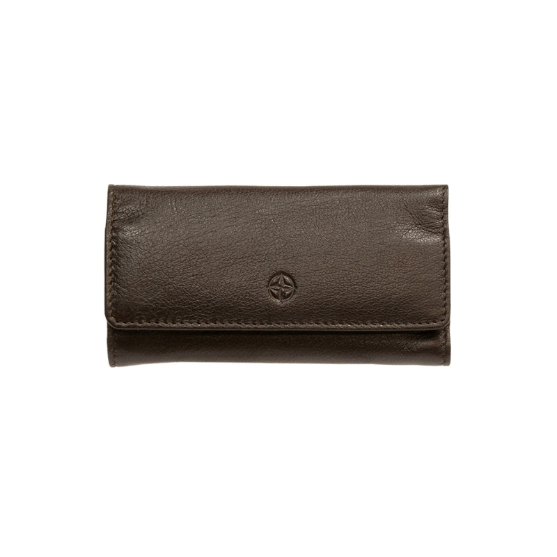 Tony Perotti Cortina 5022 moro — dark brown leather trifold key case closed, compass-rose emblem embossed on the flap