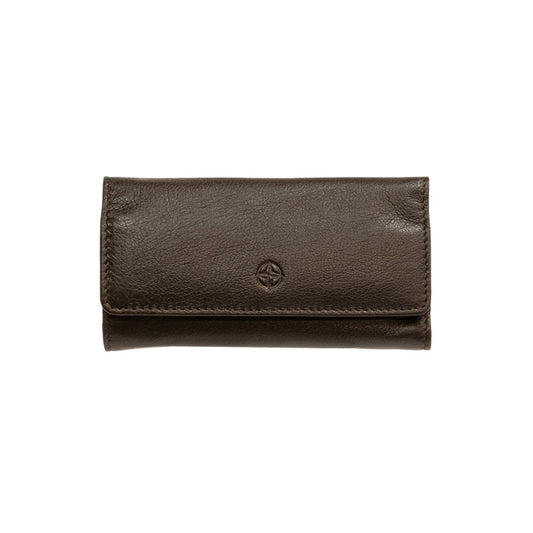 Tony Perotti Cortina 5022 moro — dark brown leather trifold key case closed, compass-rose emblem embossed on the flap