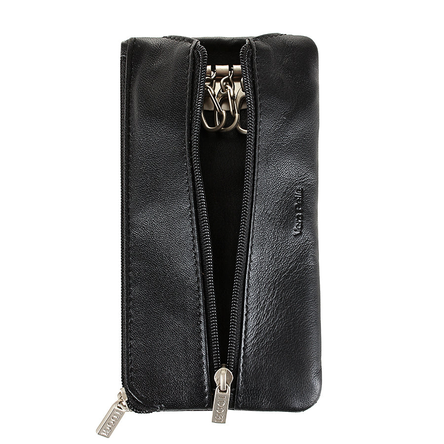 Tony Perotti Cortina 5021 nero — unzipped upright: the key rings and snap hooks visible inside the two compartments