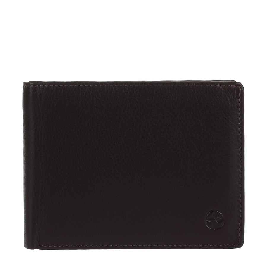 Tony Perotti Cortina 5036 leather bifold wallet seen straight on, closed, with the embossed compass rose in the lower corner (dark brown colourway shown)