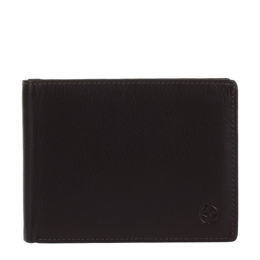Tony Perotti Cortina 5036 leather bifold wallet seen straight on, closed, with the embossed compass rose in the lower corner (dark brown colourway shown)