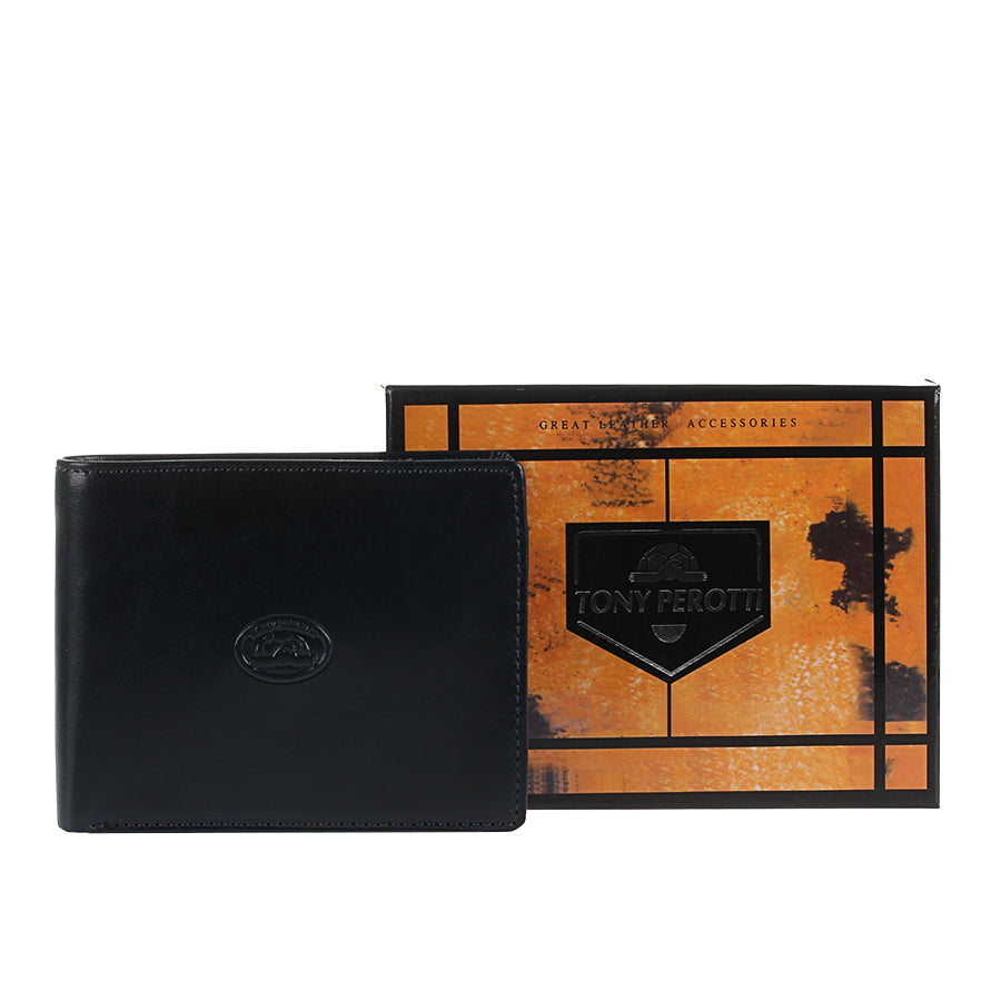 Navy blue leather bifold wallet Tony Perotti Italico 3620 navy with Tony Perotti gift box