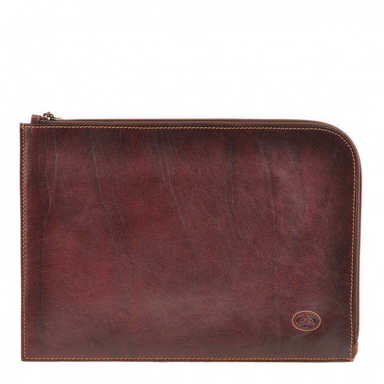Tony Perotti Italico 8017L dark brown leather zip portfolio — front view with contrasting tan stitching and the embossed turtle emblem