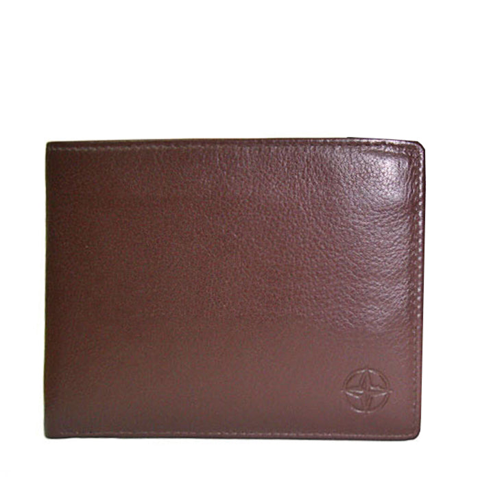 Dark brown Tony Perotti Cortina 5057 leather bifold wallet seen straight on, closed, with the embossed compass rose in the lower corner